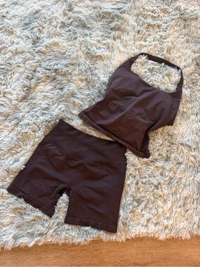 Women’s Brown Halter Crop Top & High-Waist Shorts Set